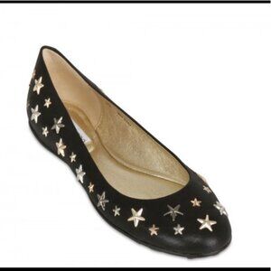 JIMMY CHOO Stars Studs Leather Black  Ballet Flats Shoes Slides Black Gold Logo